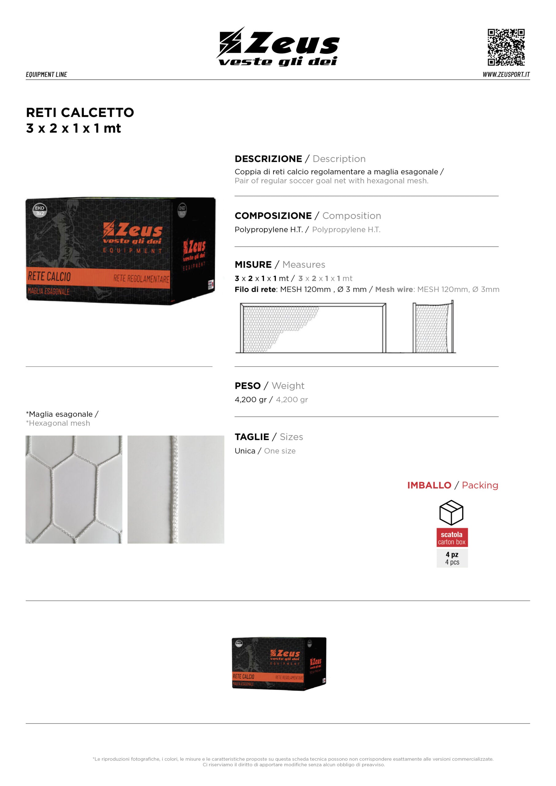 ZEUS - RETI CALCETTO MT 3 x 2 x 1 x 1 mt