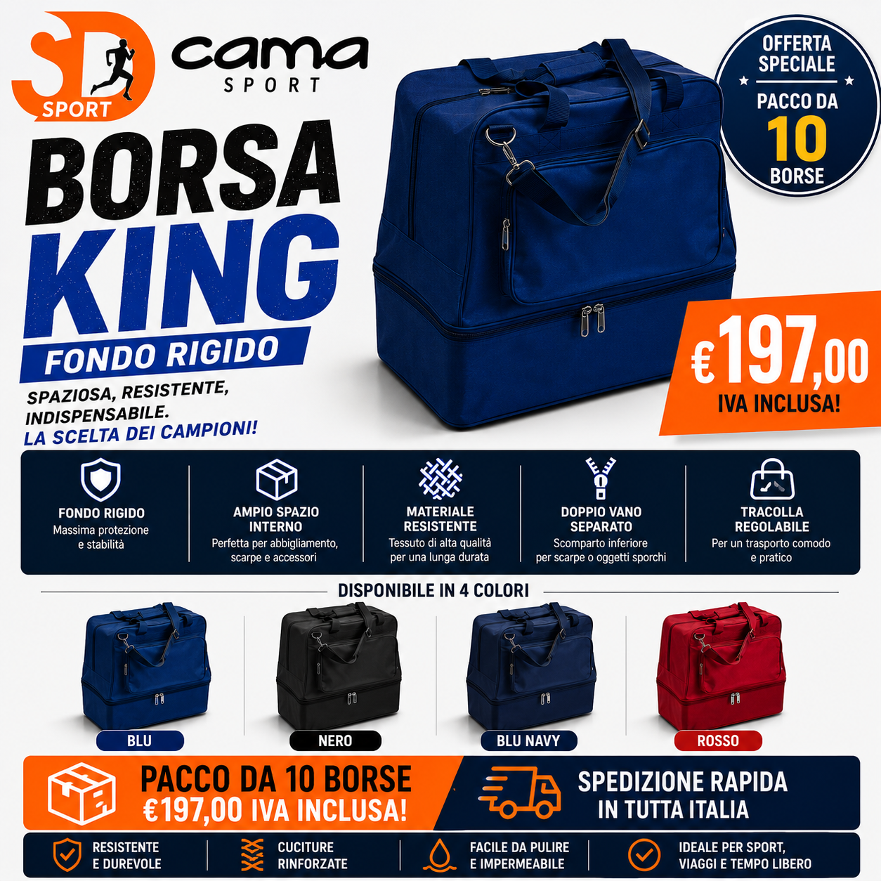 BORSA CAMA KING SPORT - PACCO DA 10 CON FONDO RIGIDO