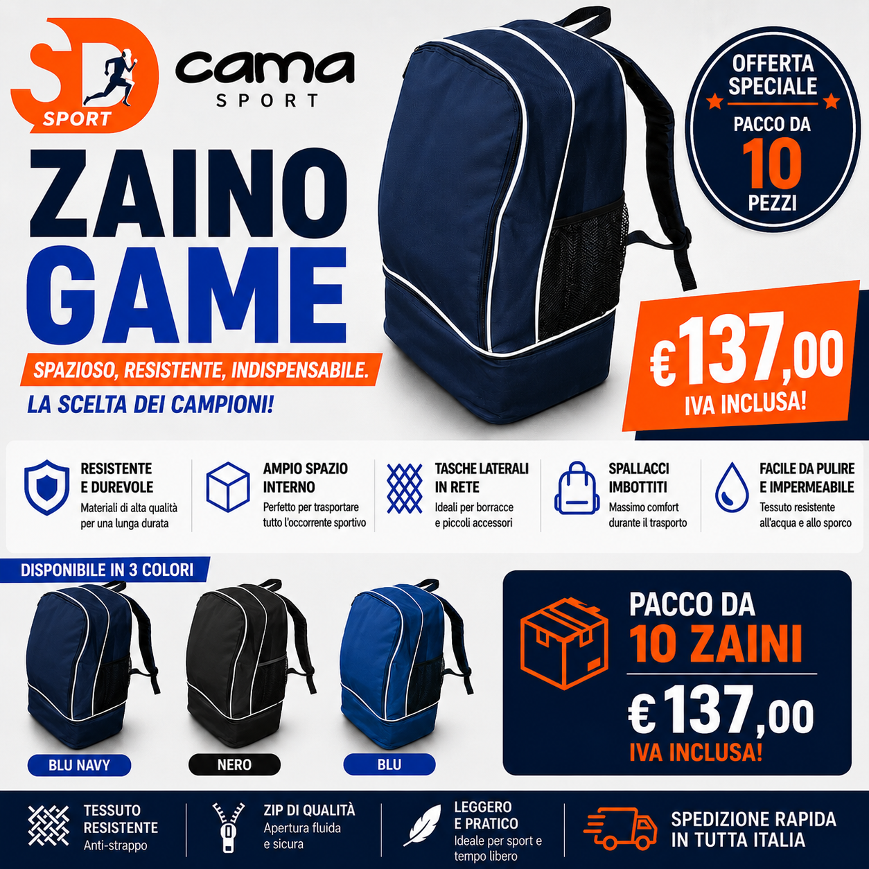 Zaino Game CON PORTA SCARPE CAMA PACCO DA 10